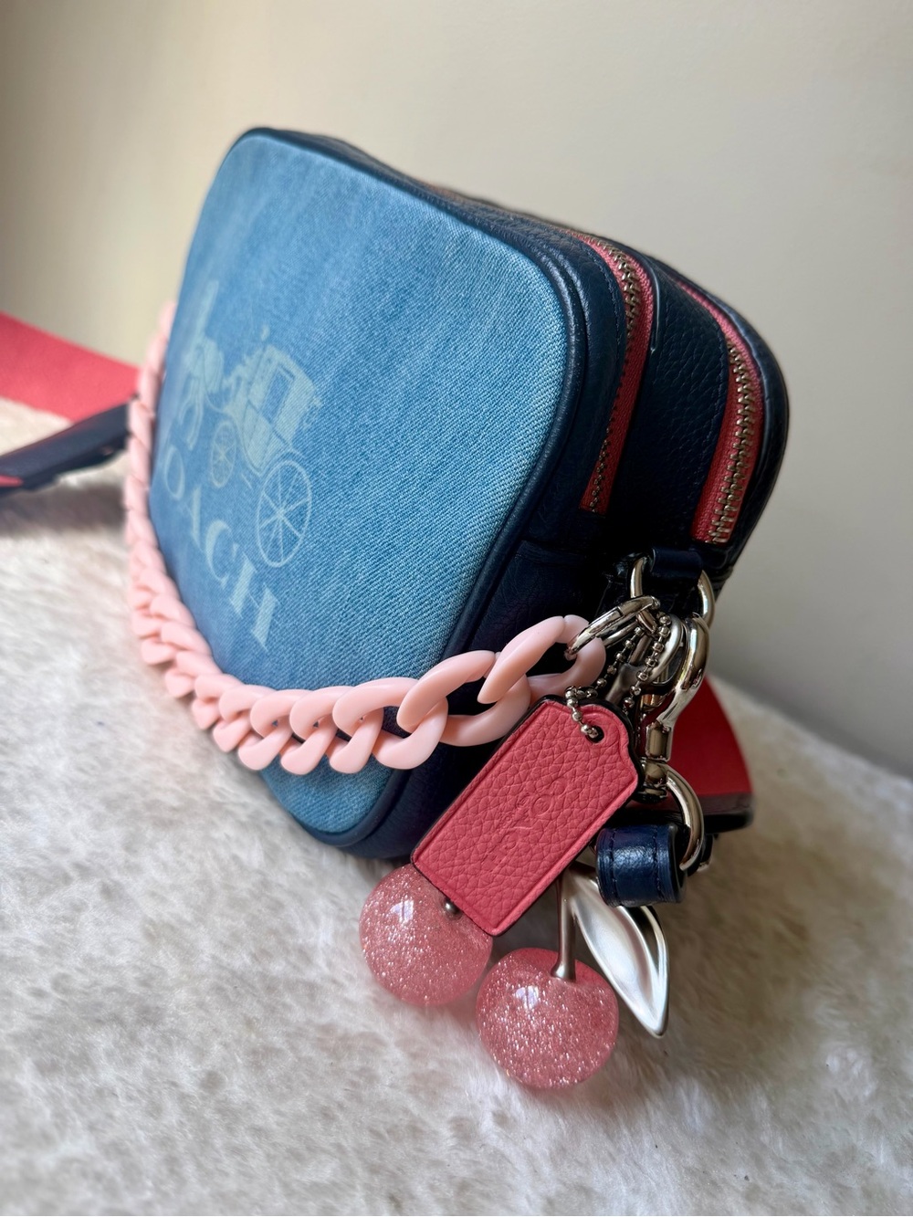 Coach Jes Crossbody in Denim and Leather with chain charm and cherry charm - Picture 6 of 12